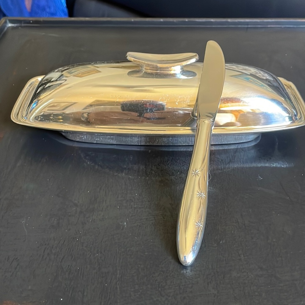 MCM Gorham Silver Butter Dish with Gorham Sterling Silver Butter Spreader.